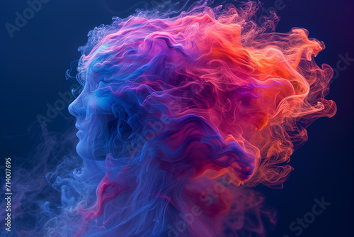 Visage sortant de la fumée multicolore, image de l'éveil spirituel, du new age, phénomène paranormaux et énergétiques photo