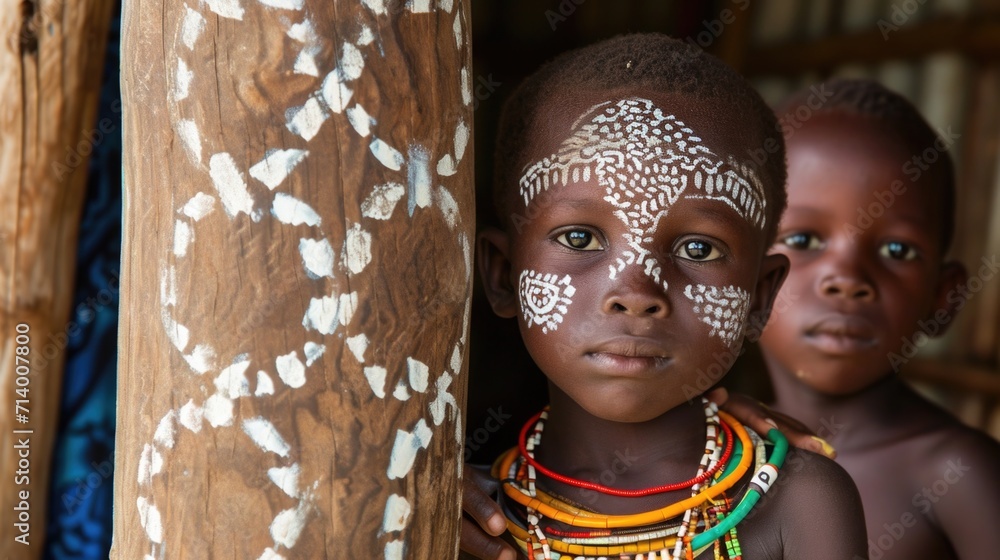 Young Child with Traditional Face Paint Leaning on a Wooden Pillar Young Child with Traditional Face Paint Leaning on a Wooden Pillar
