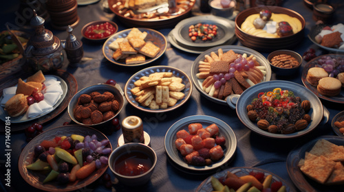 A colorful spread of traditional Ramadhan foods  including dates  samosas  and biryani