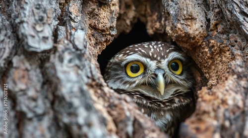 Little Owl Peeking Out from Tree Hollow
