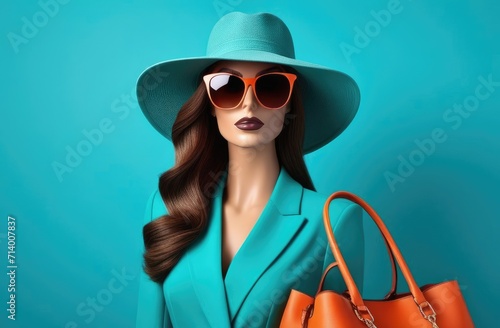 mannequin of woman with handbag, hat and sunglasses on blue background. fashion collection sale.