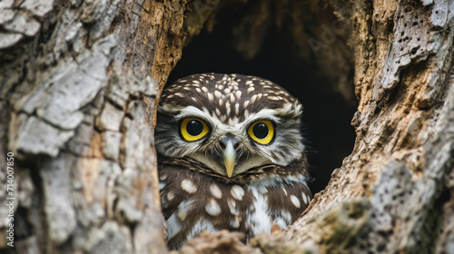 Little Owl Peeking Out from Tree Hollow