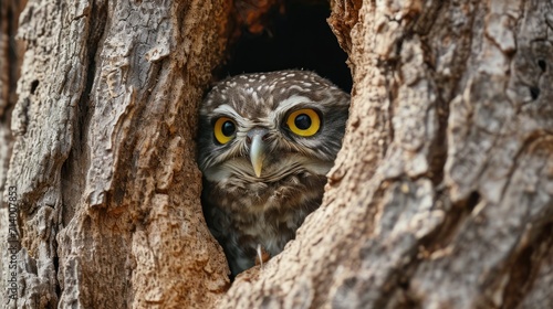 Little Owl Peeking Out from Tree Hollow © romanets_v