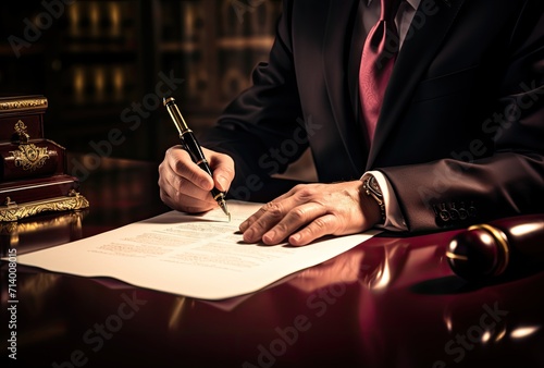 A confident man in a suit assertively signs a contract after thoroughly reviewing its contents.