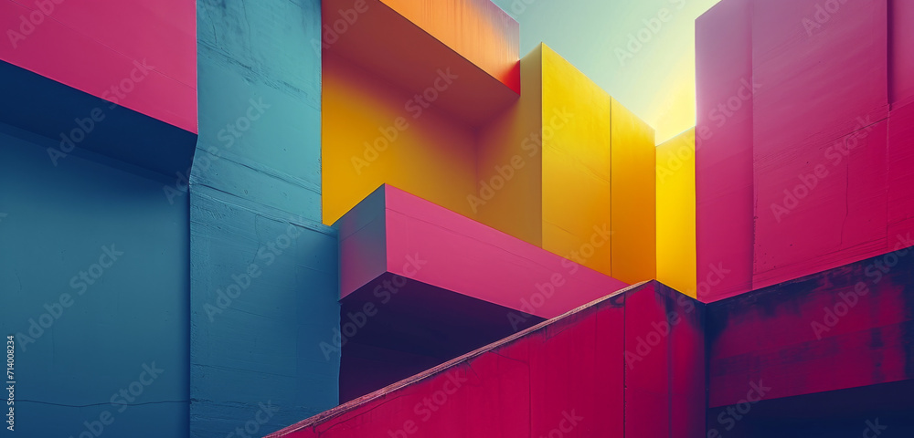 Abstract geometric shapes in grunge style with vibrant orange, purple, and yellow tones.