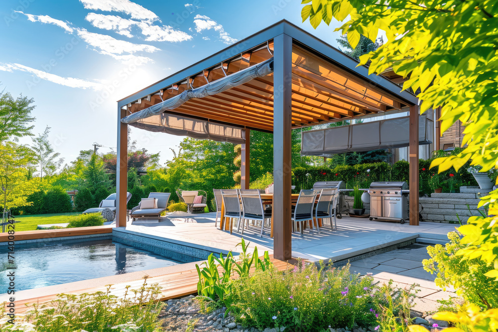 Trendy outdoor patio pergola shade structure, awning and patio roof, pool, garden lounge, chairs, metal grill surrounded by landscaping, with a flowers garden