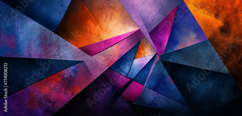 Abstract geometric shapes in grunge style with vibrant orange, purple, and violet tones.