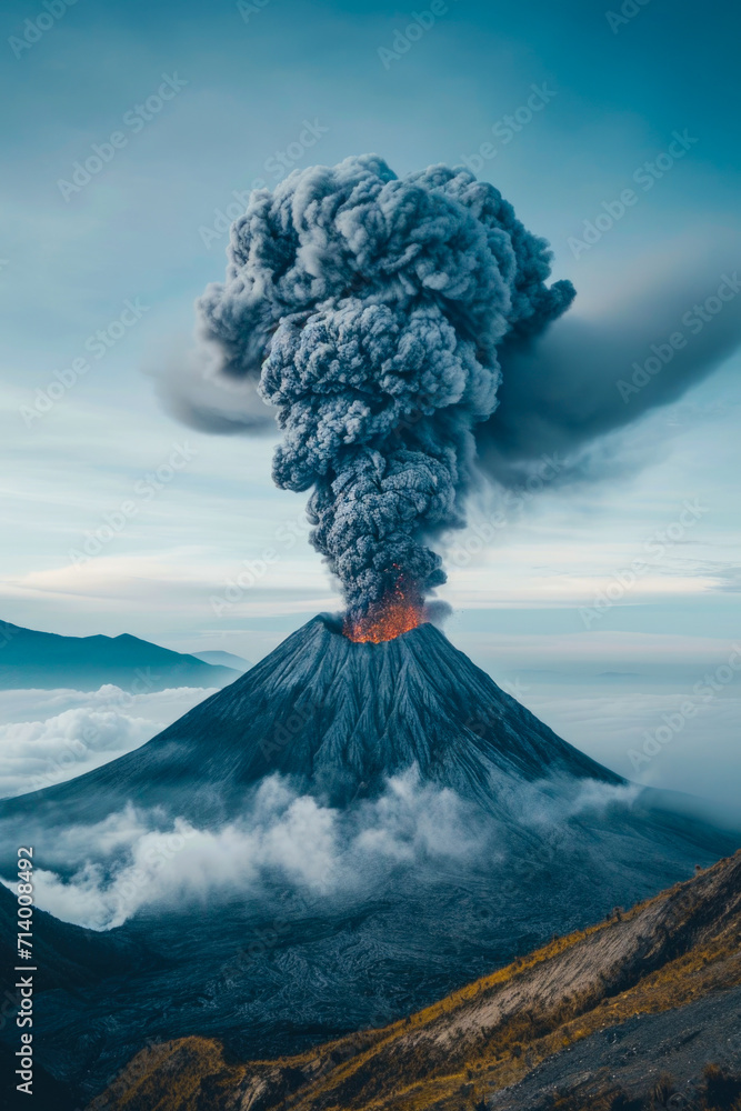 Volcano Erupting at Sunset with Ash Plume