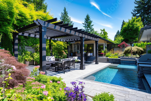 Trendy outdoor patio pergola shade structure, awning and patio roof, pool, garden lounge, chairs, metal grill surrounded by landscaping, with a flowers garden © Kien