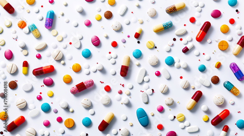 Assorted Pharmaceutical Pills and Capsules Spread on White Background