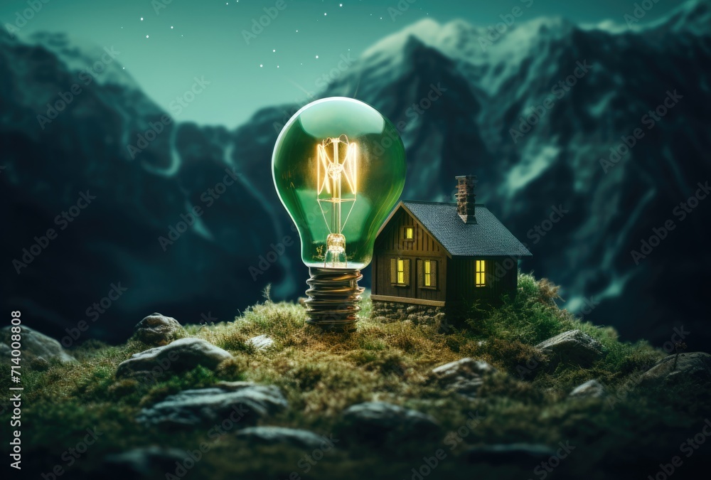 Glowing light bulbs are placed next to wooden house models, symbolizing an environmentally conscious approach to home construction or renovation. - obrazy, fototapety, plakaty 