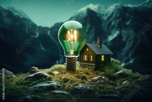 Glowing light bulbs are placed next to wooden house models, symbolizing an environmentally conscious approach to home construction or renovation.