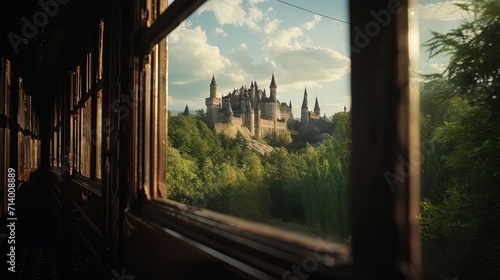 View of the castle through the window of an old train photo