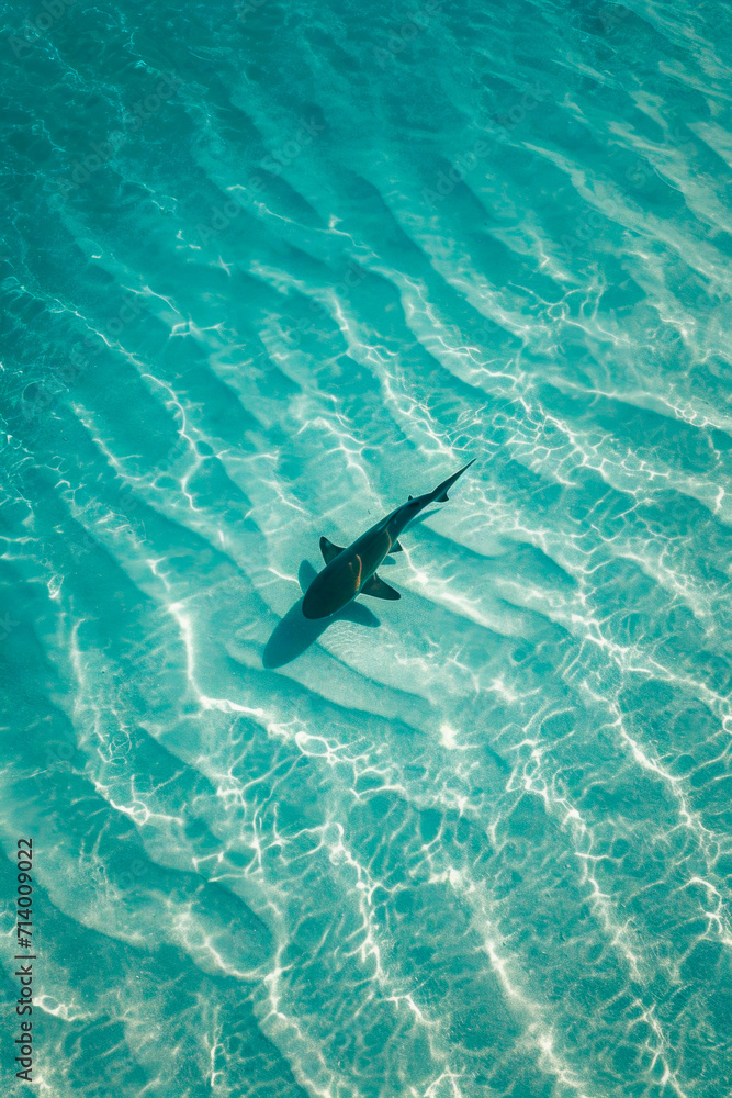 Obraz premium Aerial View of a Shark Swimming in Clear Blue Water - Oceanic Wildlife