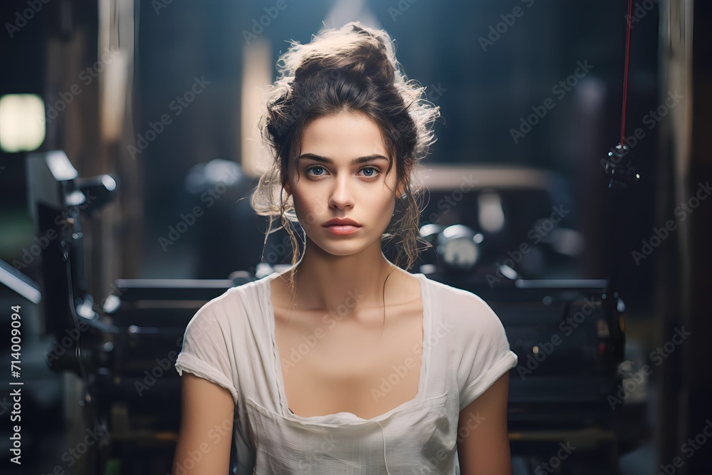 Caucasian actress in backstage concentration before filming
