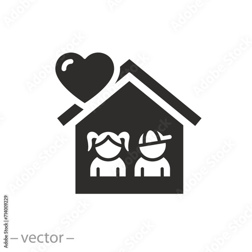 protect or support child icon, orphanage, shelter for children, home with heart, thin line symbol on white background - vector illustration