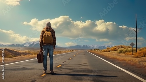 A hitchhiker standing on a road with an elongated handle