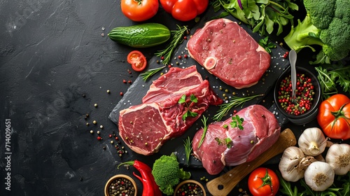 Raw meat and vegetables on a dark background. Top view, flat lay 