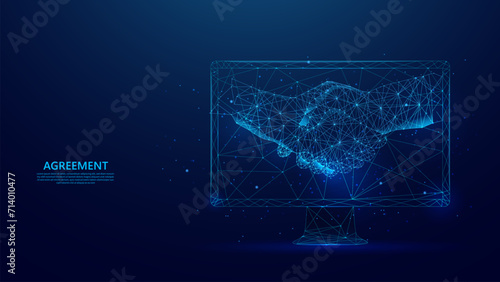 handshake illustration, virtual deal with remote online agreement handshake. blue low poly style futuristic background.