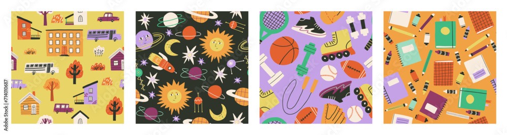 set of seamless patterns on the theme of school. school, school subjects, sports, inventory. hand drawn vector illustration.