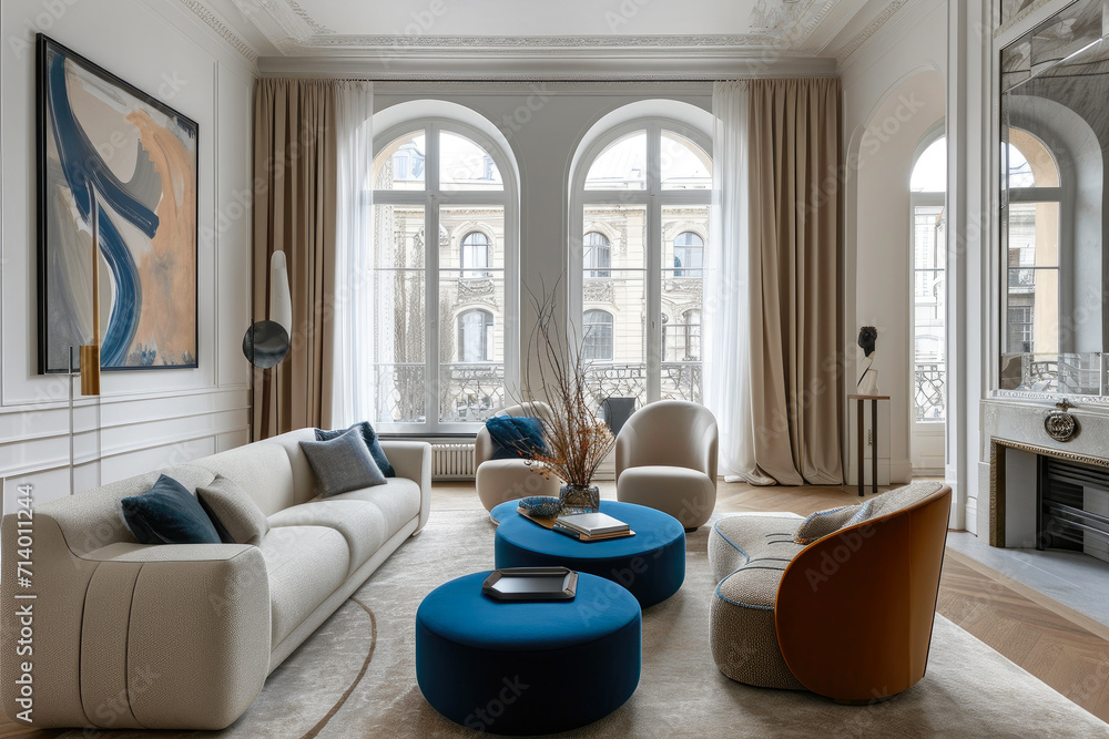 Azure Elegance: A Living Room Bathed in Natural Light