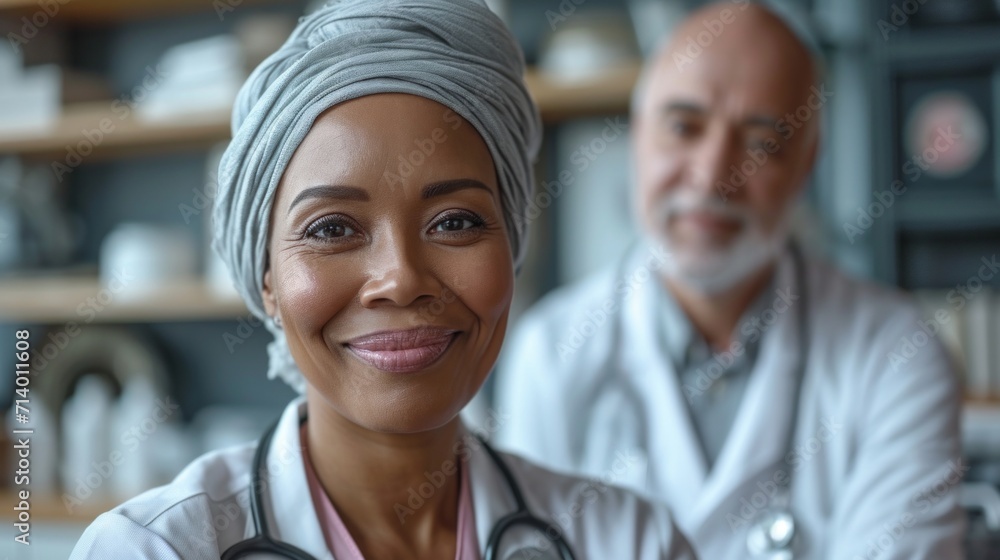 Portrait of african american female doctor smiling at camera with male colleague in background. Medicine and healthcare concept Portrait of african american female doctor smiling at camera with male colleague in background. Medicine and healthcare concept