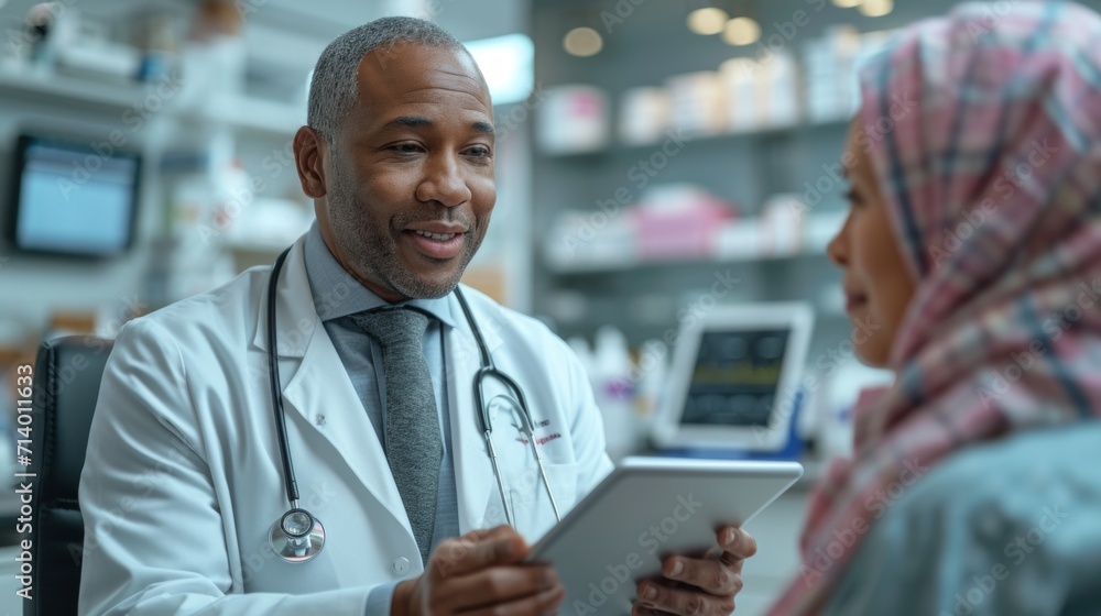 African american male doctor using digital tablet and consult woman after cancer. African american male doctor using digital tablet and consult woman after cancer.