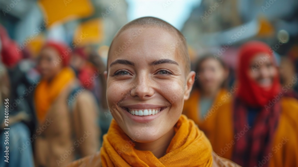 Portrait of a beautiful young bald woman with bright smile in the street rally protest. Portrait of a beautiful young bald woman with bright smile in the street rally protest.