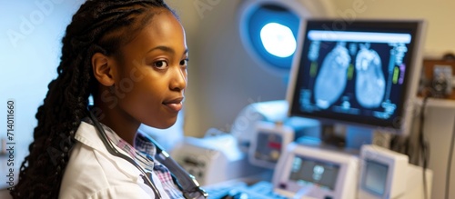 Sonographer operates ultrasound machine during pregnancy exam.