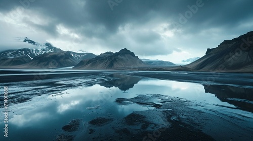 Mountains, water and black sand in Iceland.