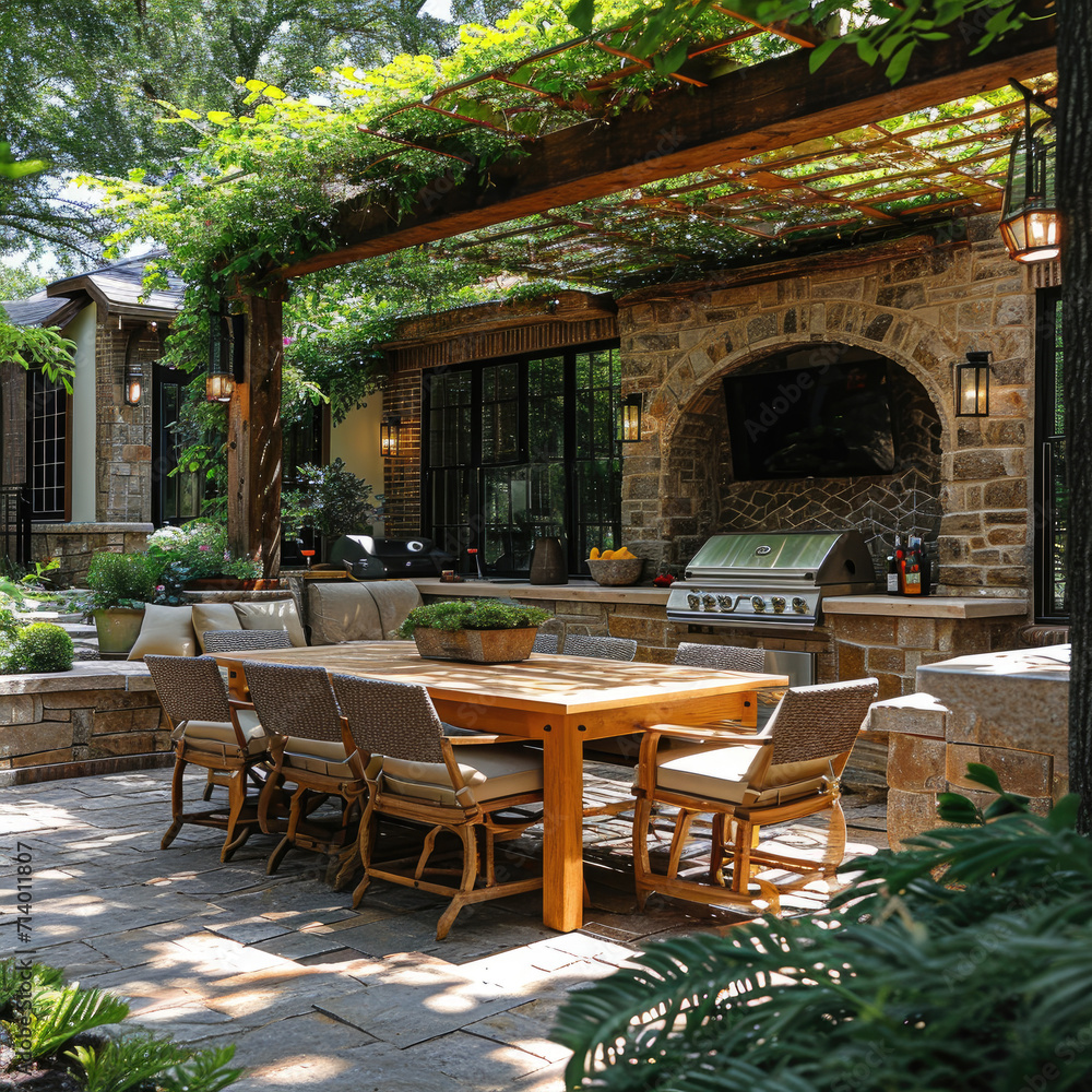 Fototapeta premium Rustic Barbecue Patio: Brown and Green
