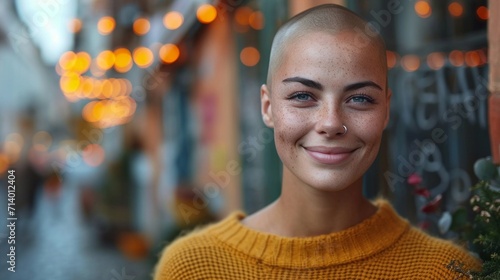 Portrait of a beautiful bald hipster young woman in a yellow sweater on the street.