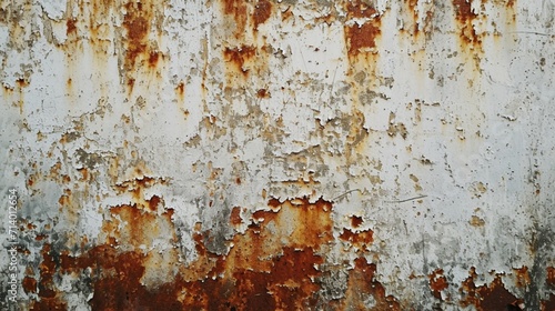 Old metal background with grunge texture and rusted vintage border, white peeling paint and brown grungy rust