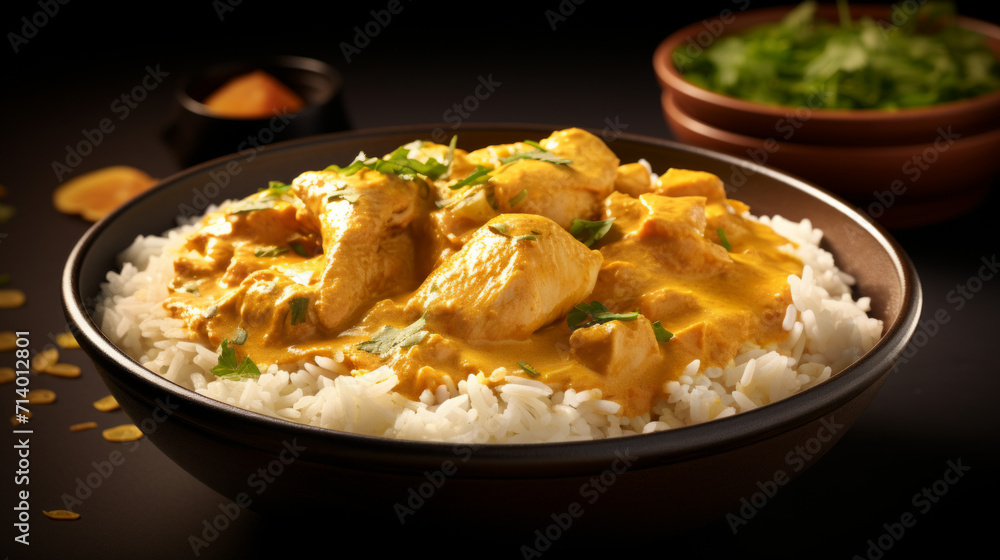 A bowl of creamy and flavorful chicken korma, a classic dish served during Ramadan A bowl of creamy and flavorful chicken korma, a classic dish served during Ramadan
