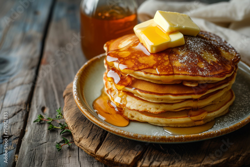 Pancakes stack with butter and honey, copy space