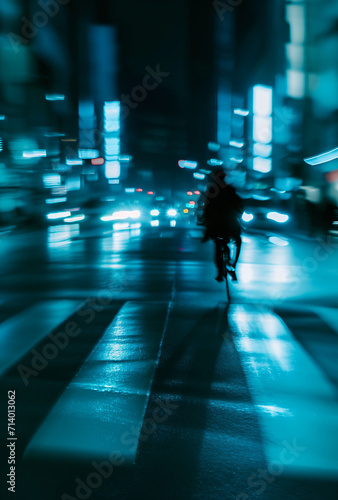 Solitary Cyclist on Rainy City Streets at Night Illuminated by Neon Lights. 