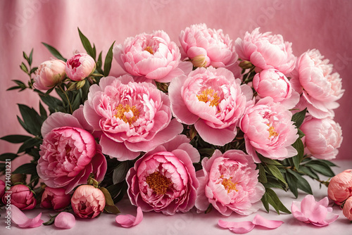 Beautiful fresh cut bouquet of crimson and pink peonies. Flower delivery. Vintage card with an elegant bouquet of peonies. Flower arrangement, daylight. Wallpaper.