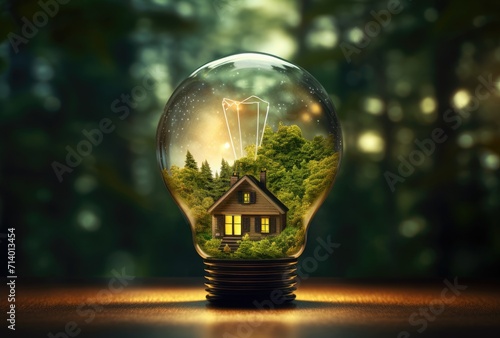 Glowing light bulbs are placed next to a wooden house model, symbolizing an ecological approach to home construction or renovation. photo