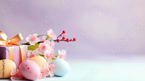 Colorful Easter eggs with gift box and flowers background with copy text space - ai generative