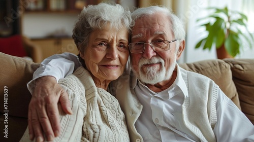 Older couple looking happy together on couch.