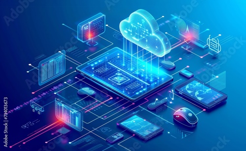 Devices connected in digital cloud in data center via internet