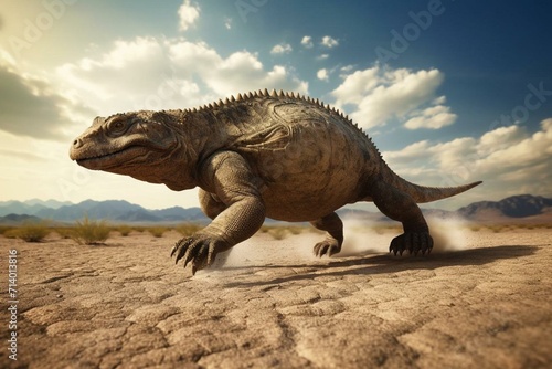 sprinting prehistoric reptile crossing arid land. Generative AI © Stevie
