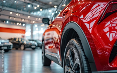 Closeup of a new car in a car shop with copy space