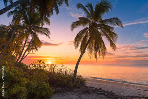 Fototapeta Naklejka Na Ścianę i Meble -  Tropical beach with sunrise or sunset and ocean in Maldives