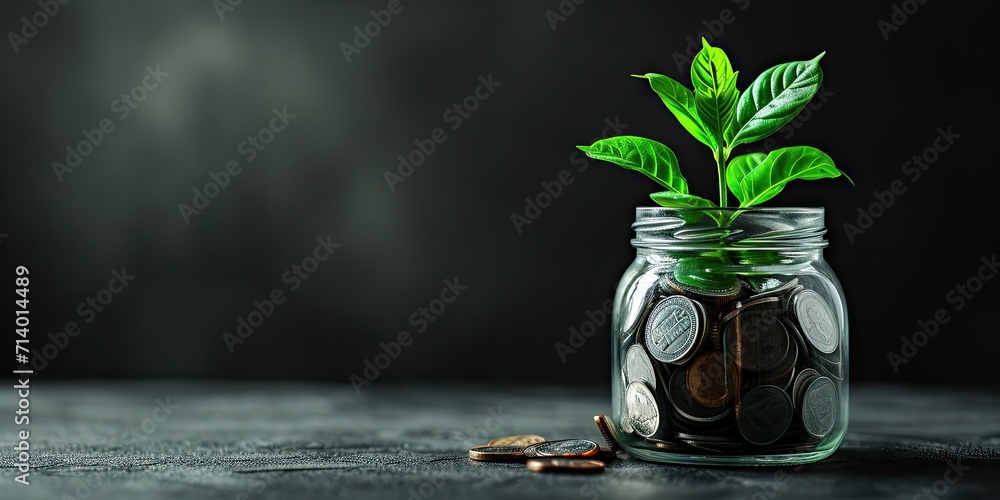 Growth concept with coins and plant symbolizing invest finance business money tree showing economy financial banking success leaf profit savings green nature in jar for retirement income economic - obrazy, fototapety, plakaty 