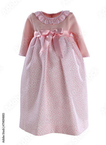 Traje de bebé rosa con lazos de raso y mangas de punto. Pink baby bodysuit with satin bows and knitted sleeves.