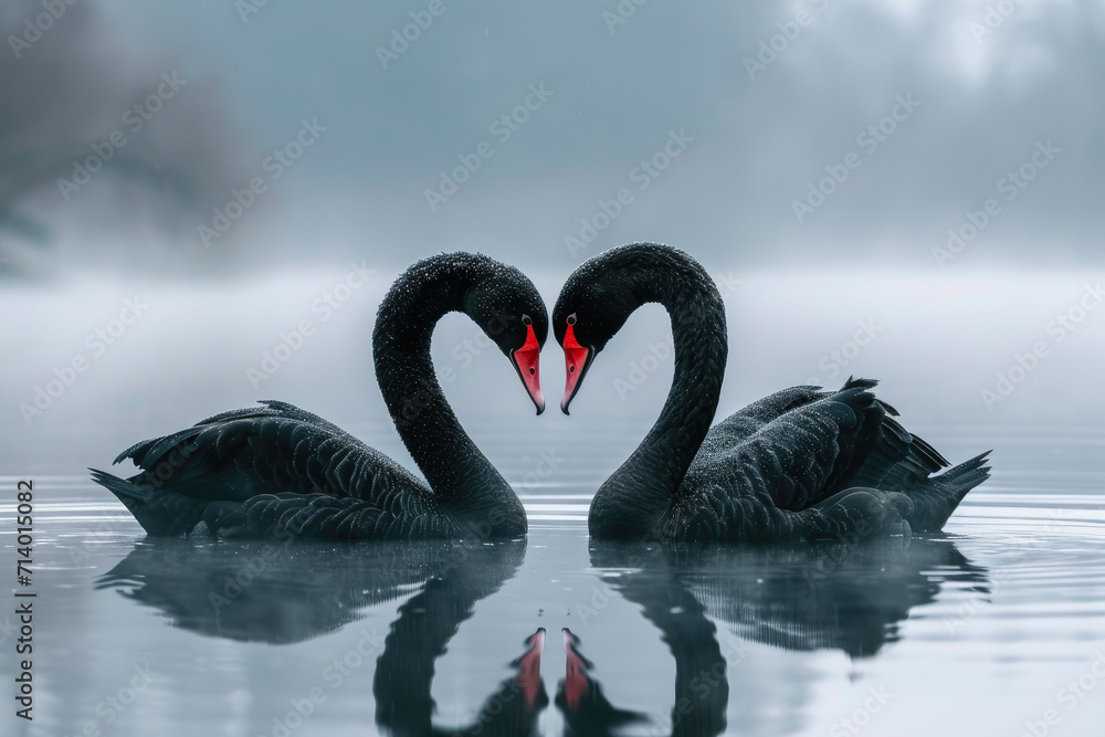 Fototapeta premium Lakeside Passion: A Ballet of Black Swan Love