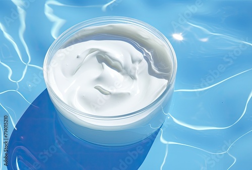 A white blank cosmetic jar of cream placed on the surface of the water, suitable for mockup purposes.