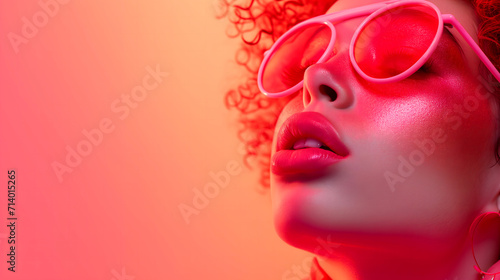 A close-up of young woman with curly hair wearing red sunglasses against a warm neon backdrop   © NeoAstra