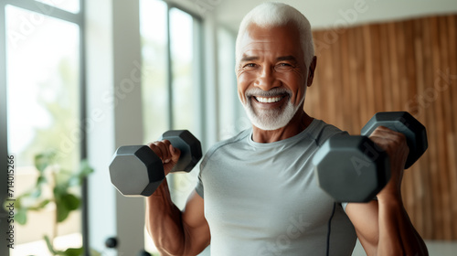 Smiling elderly Afro American man doing dumbbell exercises at home